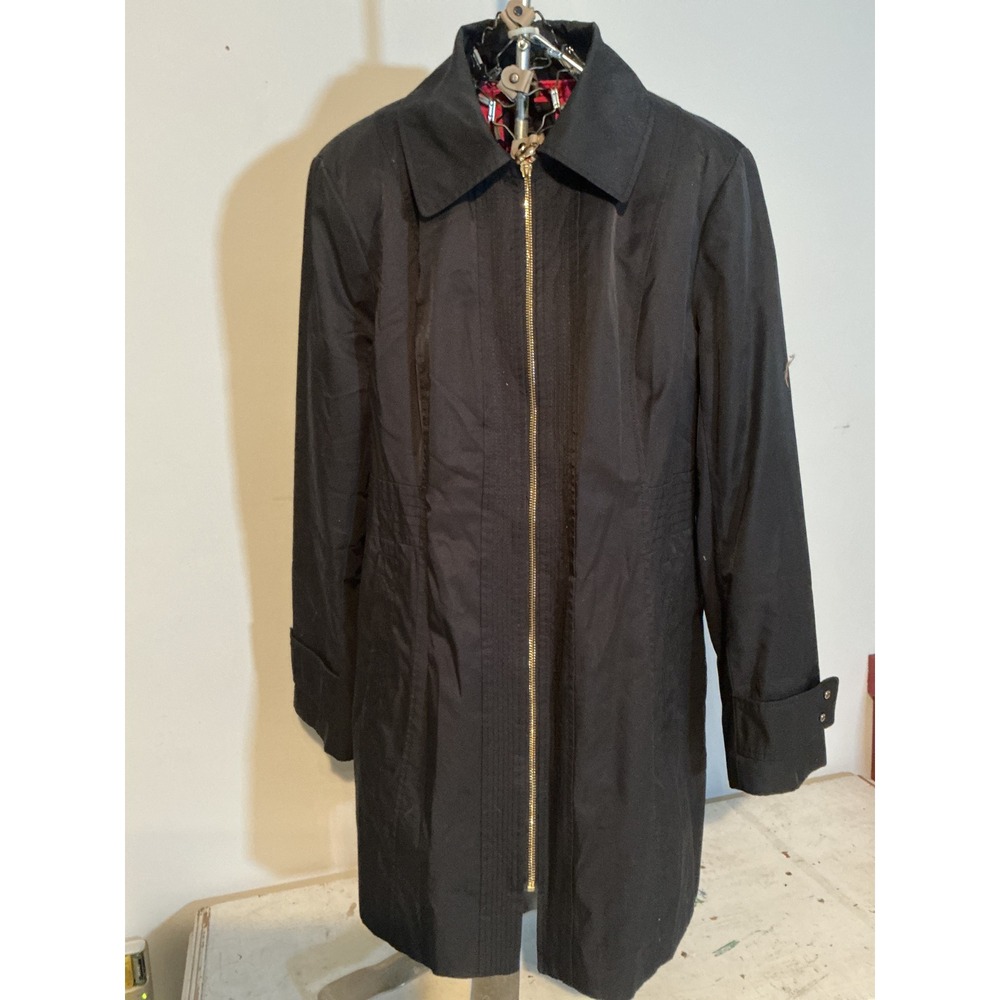 Anne Klein Coat Womens XL Black Full Zip Mid Length Lightweight Jacket Gold Trim